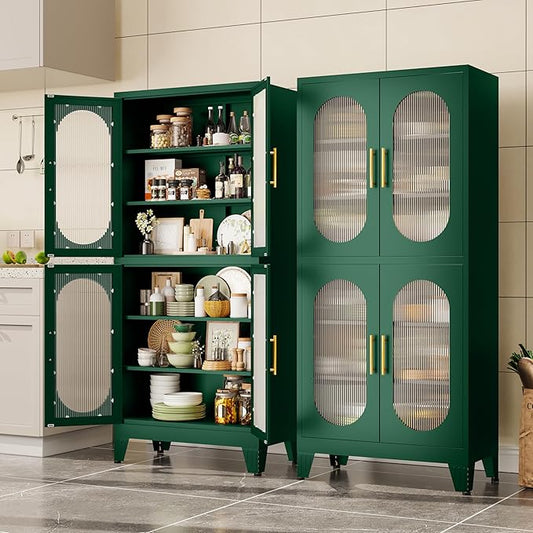 Pantry Storage Cabinet, 61" Pantry Cabinets with Acrylic Glass Doors and Adjustable Shelves, Metal Kitchen Storage Cabinet for Kitchen, Living Room, Laundry Room and Dinning Room（Green）