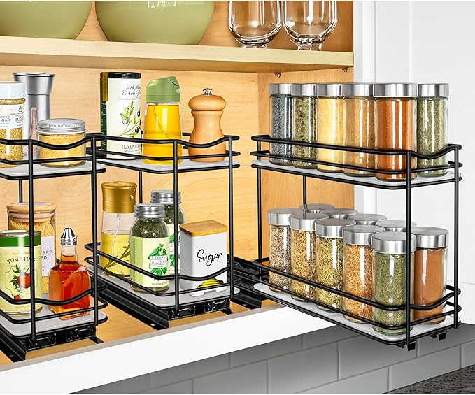 LYNK PROFESSIONAL짰 Pull Out Spice Rack Organizer for Inside Kitchen Cabinets - 4-3/8 inch Wide - Slide Out Drawer ??Black Sliding Spice Cabinet Organization Shelf Racks - 2 Tier