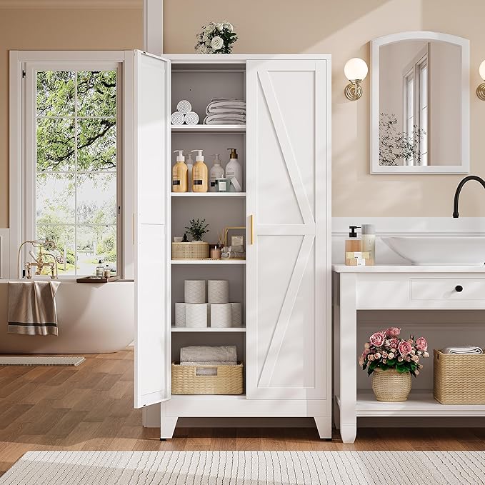 71" H Metal Storage Cabinet,White Pantry Cabinets with Doors and Shelves,Tall Food Kitchen Cabinets,Farmhouse Kitchen Cabinet,Freestanding Cabinet