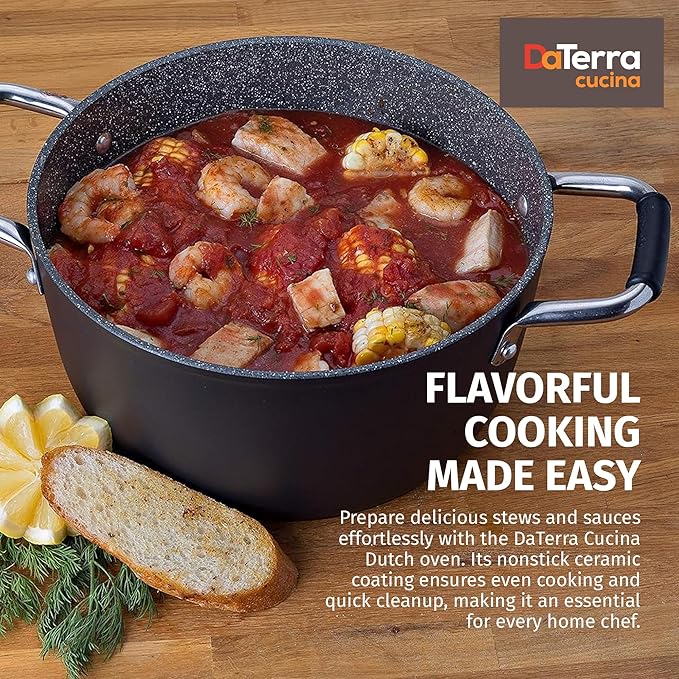 DaTerra Cucina - 5 Qt Nonstick Ceramic Dutch Oven Pot with Lid ??Lightweight Nonstick Pot with Dual Handles, Perfect for Soup, Pasta, Saut챕ing, Searing, Induction & Stovetop Safe - Black
