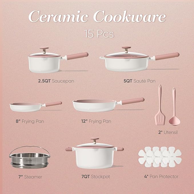 CAROTE Ceramic Cookware Set Nonstick, 15pcs Pots and Pans Set Non stick, Non Toxic Cookware,Dishwasher,RV/Camping Cookware Set, Pan and Pot with Kitchen Utensils, Pink