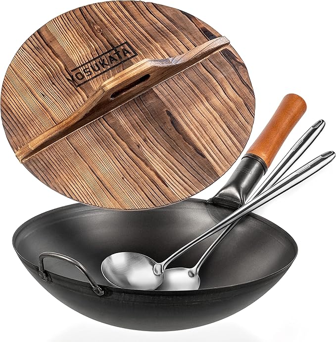 YOSUKATA Carbon Steel Wok Pan 14??+ 17?쇺?Wok Spatula and Ladle + Premium Wok Cover 14 inch Pan Lid