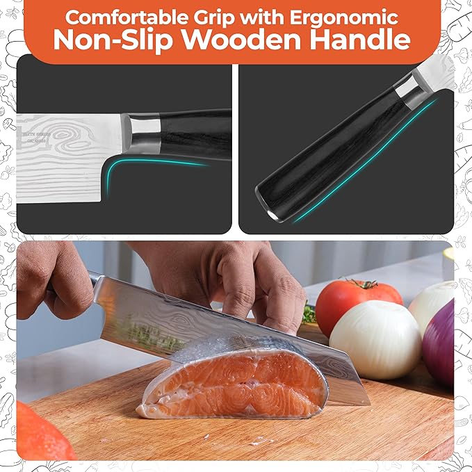 Gidli 8-Inch Chef Knife with Diamond Sharpener ??Sharp Kitchen Knife Made of German Carbon Stainless Steel with Ergonomic Wooden Handle for Slicing, Chopping&Dicing of Meat, Seafood -Gift Box Included