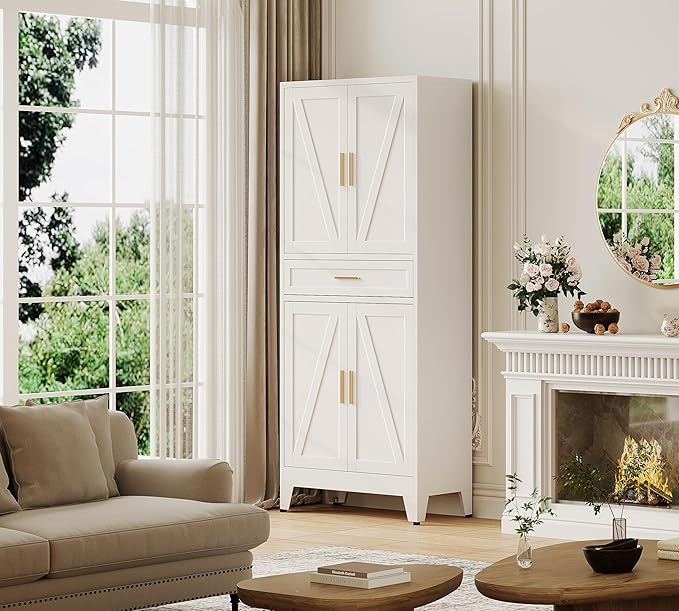 71?쏦 Metal Kitchen Pantry Cabinet with Drawers,White Kitchen Pantry Cabinets,Tall Food Storage Cabinets,Free Standing Pantry Cabinet with 4 Doors,Farmhouse Pantry Cabinets