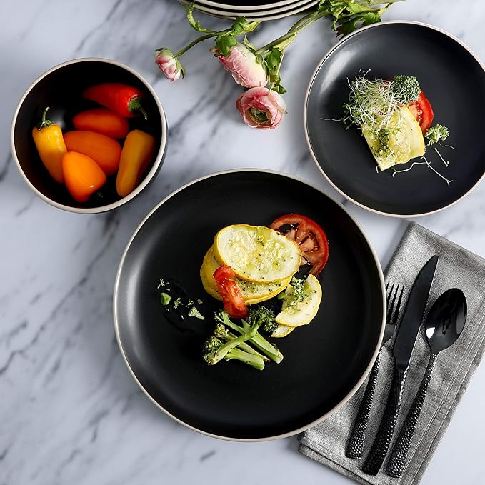 Gibson Home Rockaway 12-Piece Stoneware Dinnerware Set, Service for 4 ??Modern Round Plates and Bowls, Dishwasher & Microwave Safe, Black