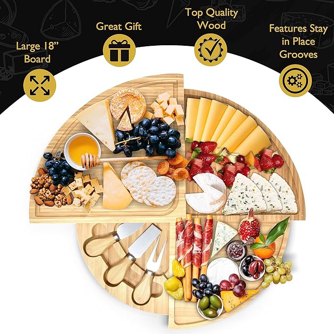 Perlli Bamboo Cheese Board & Knife Set, Large Folding 18 Inch Round Wood Rotating Charcuterie Board Set Cheese Meat Wine Serving Tray Platter, Home Decor