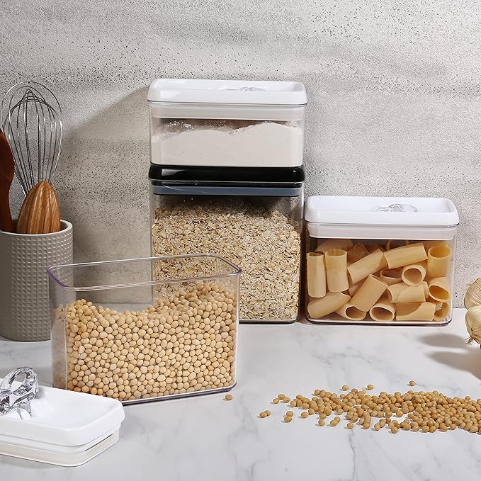 Felli Flip Tite Storage Container with Lid 4??RECTANGULAR Airtight Ring Flip Top, Stackable Kitchen Counter Pantry Organizer Acrylic Canister Jar for Pasta Spaghetti Cereal Granola Coffee (1.9qt)