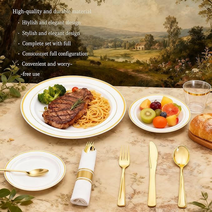 Elegant Wedding Disposable Plates Gold Dinnerware Sets for 25 or 50 Guests for Reception (350)