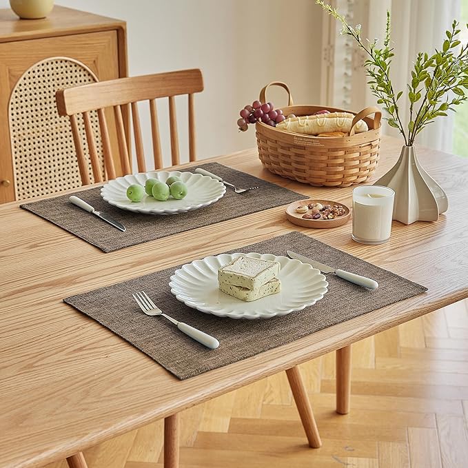 Softalker Faux Linen Placemats Set of 4-12 x 18 Inch, Heat Resistant Double Layered Durable Burlap Farmhouse Place Mats, Non-Slip Washable Rustic Table Mats for Dining, Kitchen, Party竊뉰rown
