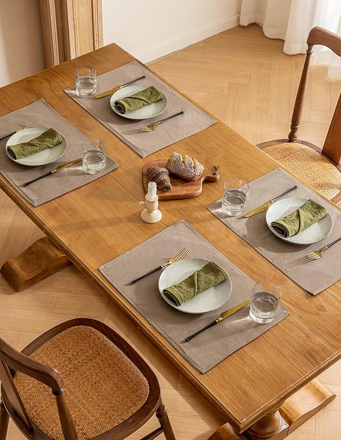 Placidy Linen Dining Table Placemats Set of 6 Indoor Brown Plate Placement Mats Farmhouse Cloth Place Mats Water Repellent Heat Resistant 12x18 Inch