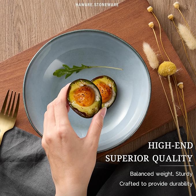 HaWare Plates and Bowls Set, Stoneware Dinnerware Sets, 24-Piece Hand-painted Dishware for 6, Ceramic Dinner Set for Home Kitchen, Scratch Resistant, Microwave and Dishwasher Safe, Reactive Foggy Blue