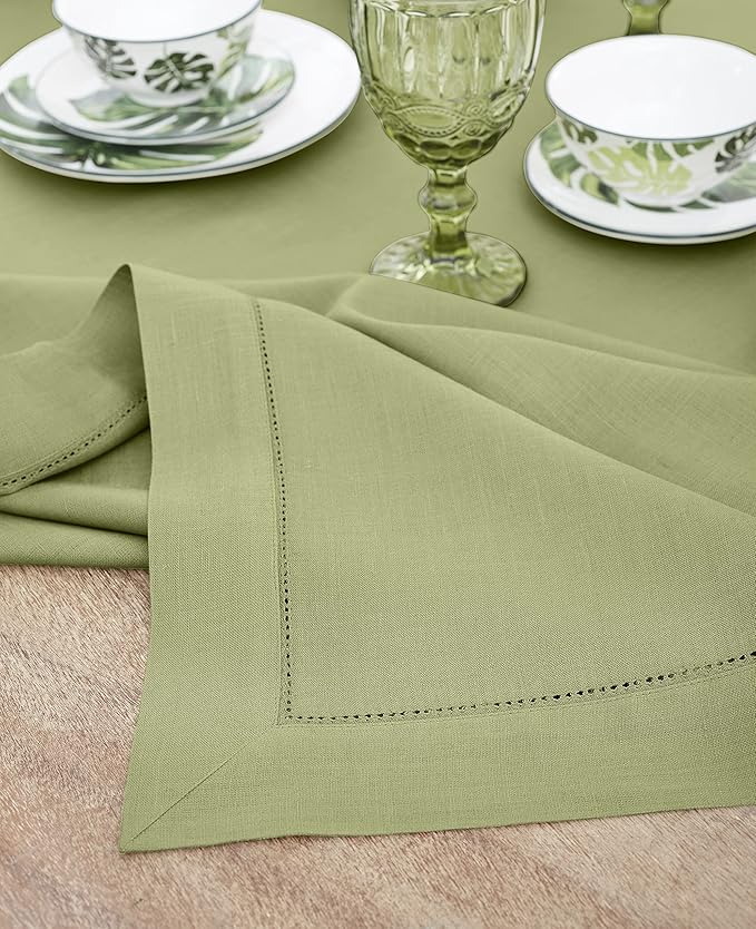Solino Home Linen Tablecloth 60 x 90 Inch - Classic Hemstitch 100% Pure Linen Moss Green Table Cloth for Rectangle Tables - Machine Washable Tablecloth for Winter, Spring, Easter, St Patricks Day