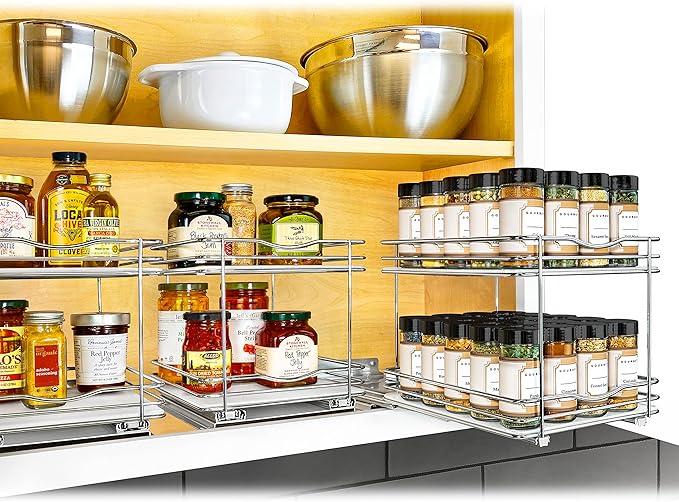 LYNK PROFESSIONAL짰 Pull Out Spice Rack Organizer for Inside Kitchen Cabinets - 8-3/8 inch Wide - Slide Out Drawer ??Chrome Sliding Spice Cabinet Organization Shelf Racks - 2 Tier
