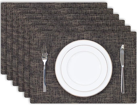 Kevin Textile Burlap Linen Placemats Set of 6 Heat Resistant Dining Table Place Mats Washable Kitchen Table Mats for Dinning Party Holiday Indoor Outdoor, 13 x19 inches, Black Gold