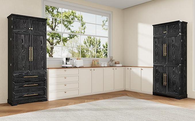 78" Farmhouse Tall Kitchen Pantry Cabinet, Wood Storage Cabinets with Hidden Drawer and 4 Adjustable Shelves, Cupboard with Wine Rack and Door Shelves for Kitchen Dining Room, Black