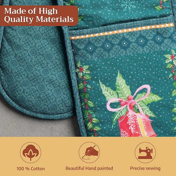 Maison d' Hermine Double Oven Mitt (7" x 35") 100% Cotton Heat Resistant BBQ Cooking Gloves with Loop for Thanksgiving Christmas Decorations Baking Cooking Barbeque Handling Hot Pan (Hygge Christmas)