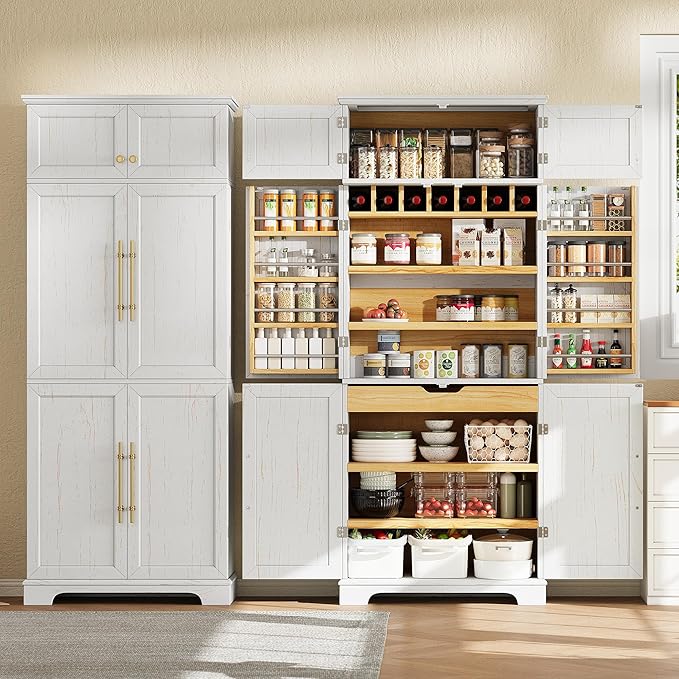 78" Farmhouse Tall Kitchen Pantry Cabinet, Wood Storage Cabinets with Hidden Drawer and 4 Adjustable Shelves, Cupboard with Wine Rack and Door Shelves for Kitchen Dining Room, White