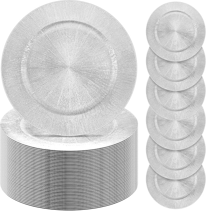 Tanlade 100 Pcs Silver Charger Plates Bulk, 13" Round Plastic Dinner Charger Plate, Shiny Silver Table Chargers Serving Plate Catering Tabletop for Thanksgiving Halloween Christmas Wedding Party Decor