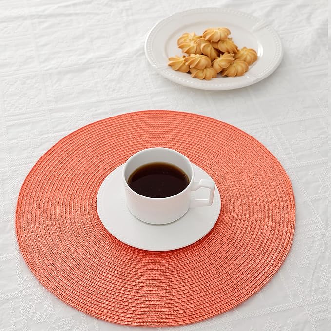 HODJOY Round Placemats Set of 6, Table Mats for Dining Table, Washable Woven Non-Slip Placemats for Halloween, 15 inch, Orange