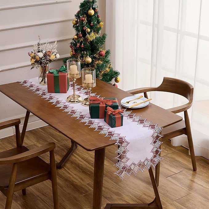Raedan White Dark Red Lace Table Runner 54 inches Long, Claret Dresser Scarf Table Topper for Christmas Kitchen Coffee Table Wedding Party Home Decor (Dark Red, 16?쓝54??