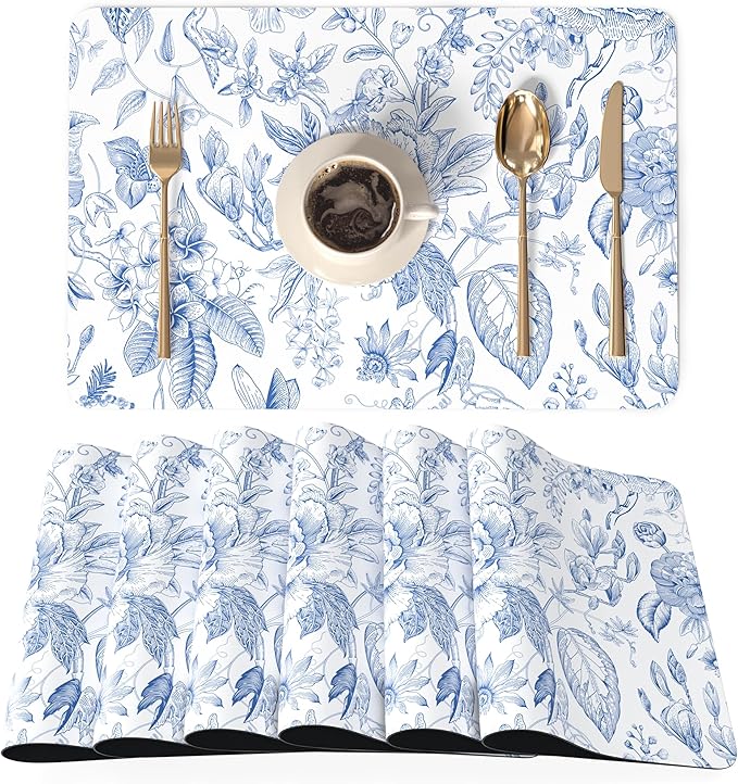 QIYI Placemats Set of 6, 12x18 Inch Faux Leather Place Mats for Kitchen Dinning, Heat Resistant Anti Slip Floral Table Mats, Waterproof Wipeable Washable Placemat Party Table D챕cor, Blue Flowers
