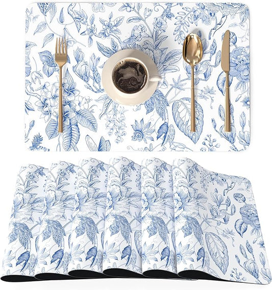 QIYI Placemats Set of 6, 12x18 Inch Faux Leather Place Mats for Kitchen Dinning, Heat Resistant Anti Slip Floral Table Mats, Waterproof Wipeable Washable Placemat Party Table D챕cor, Blue Flowers