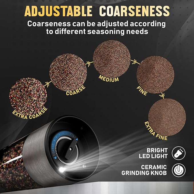 Pure Nature Electric Salt and Pepper Grinder Set with Rechargeable Base ??Stainless Steel, Large Capacity, LED Light, 5 Adjustable Coarseness Levels, Refillable, Type-C Fast Charging