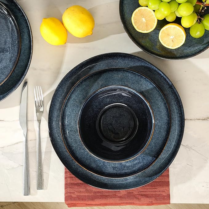 Stone + Lain Mirella 12-Piece Stoneware Dinnerware Set, Service for 4, Reactive Glaze, Deep Blue ??Includes Dinner Plates, Salad Plates, and Bowls ??Modern Artisanal Design