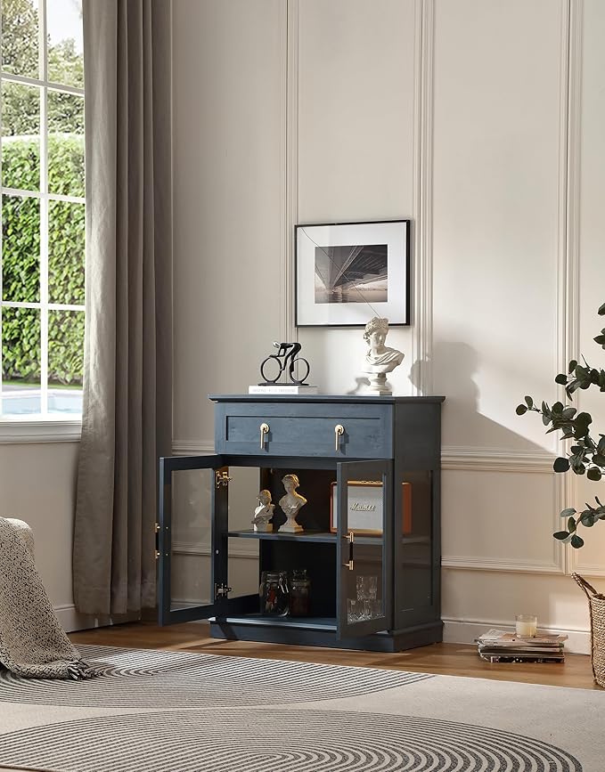 31.5'' Accent Small Buffet Cabinet with Storage, Buffet Sideboard with Two Glass Doors and a Drawer,Small Coffee bar Cabinet with Adjustable Shelf,for Kitchen and entryway,Blue