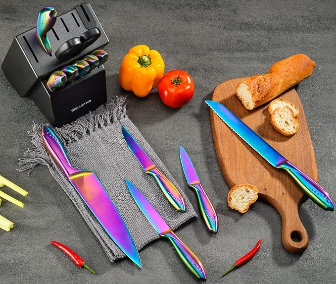 WELLSTAR Rainbow Knife Set 14 Pieces, Iridescent German Stainless Steel Kitchen Knives Set with Wooden Block, Colorful Titanium Coating, Chef?셲 Knife Block Set with Scissors and Built-in Sharpener