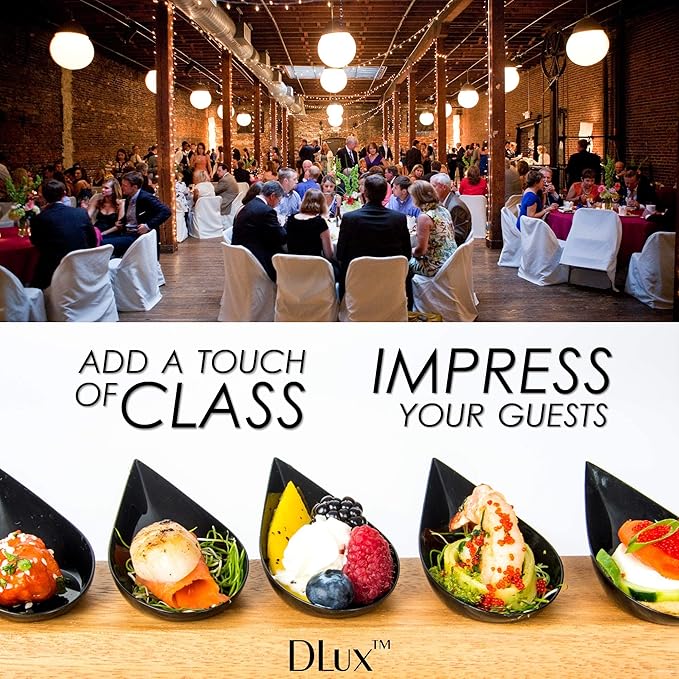 DLux 100 4-in Tear Drop Mini Appetizer Plates, Reusable Black Plastic Spoons - Desserts and Appetizers Dishes Serving Plate - Asian Spoon Set, Small Catering Dessert Tasting Cups - with Recipe Ebook