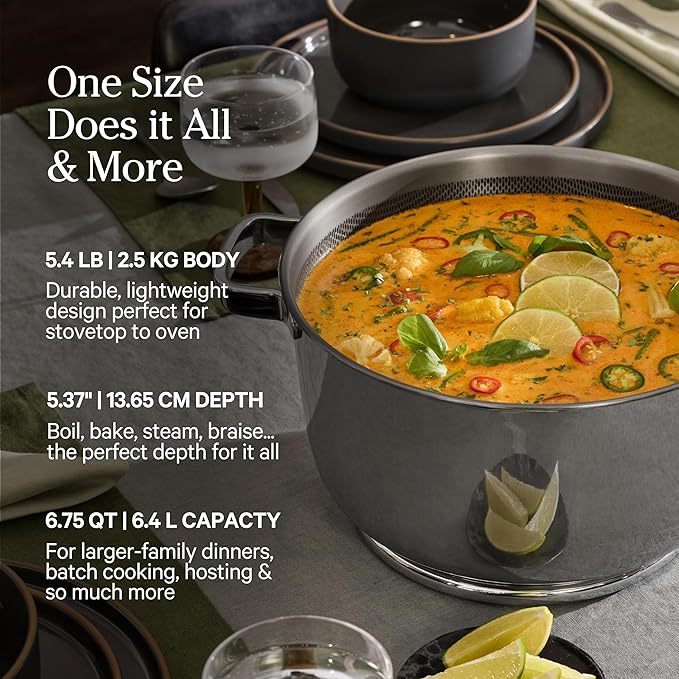 Our Place Titanium Perfect Pot Pro | 6.75 Qt Stock Pot with Lid & Silicone Spoon | PFAS-Free Nonstick, Fully-Clad Tri-Ply Stainless Steel & Aluminum | Induction & Oven-Safe up to 1000째F | Chrome