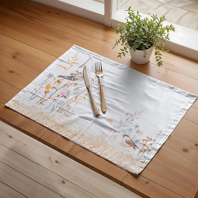 Maison d' Hermine Placemats Set of 4 100% Cotton Washable Cloth Place Mats, Reusable Table Mats for Kitchen Dining Decoration, Party, Restaurant Spring/Summer (Meadow Florals - Beige, 13" x 19")