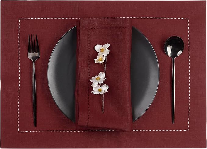 D'Moksha Homes Linen Placemats Set of 8 - Classic Hemstitch Dark Red Placemats 14 x 19 Inch - 100% Pure Linen Table Mats for Valentines, Spring - Handcrafted and Machine Washable