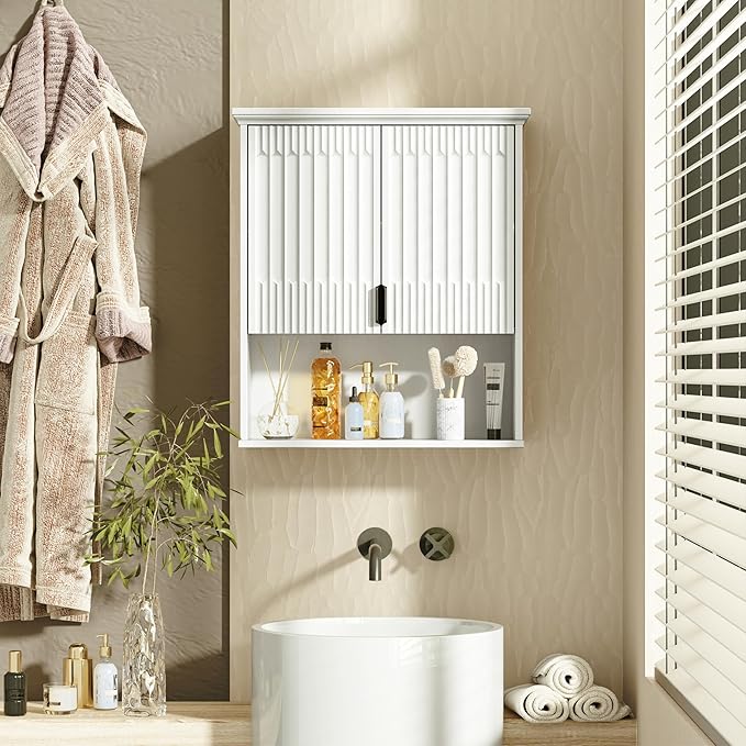 FLOWBACK Wall Mount Bathroom Cabinet, Wooden Medicine Cabinet Storage Organizer with Fluted Doors and Adjustable Shelf, Over The Toilet Space Saver Storage Cabinet (White)