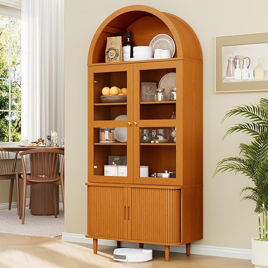 71" Tall Arched Kitchen Pantry, Modern Farmhouse Wood Kitchens Storage Cabinets with Sliding Doors竊?Adjustable Shelves, Versatile Cupboard for Kitchen, Living Dining Room, Bathroom (Yellow Walnut)