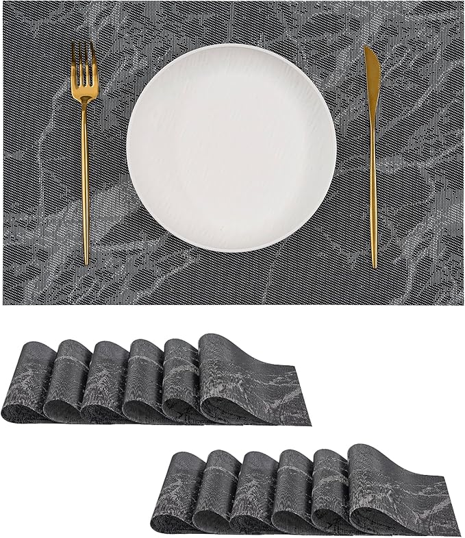 Leetaltree Reversible Marble Placemats Set of 12 - Ships Flat and Stays Flat, Durable Washable Vinyl PVC Placemats, Heat Resistant, Easy Wipe Clean (Black Marble Pattern)