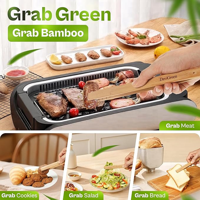 Bamboo Tongs Set of 2, 10 Inch ??Natural Wooden Kitchen Tongs for Cooking, BBQ, Salad, Toast & Nonstick Cookware