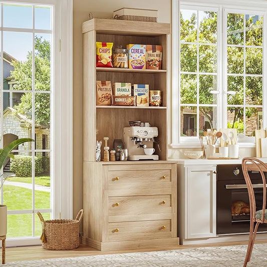 Vyre 71" Farmhouse Kitchen Pantry Cabinet, Brown Freestanding Coffee Bar Hutch with Drawers & Adjustable Shelves, Large Storage Cabinet with Microwave Stand for Living Room & Kitchen