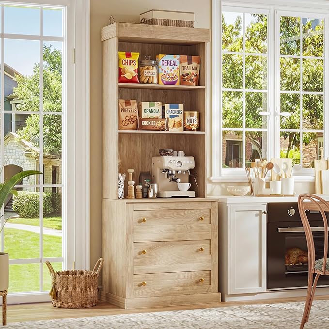 Vyre 71" Farmhouse Kitchen Pantry Cabinet Set of 4, Brown Freestanding Coffee Bar Hutch with Drawers & Adjustable Shelves, Large Storage Cabinet with Microwave Stand for Living Room & Kitchen