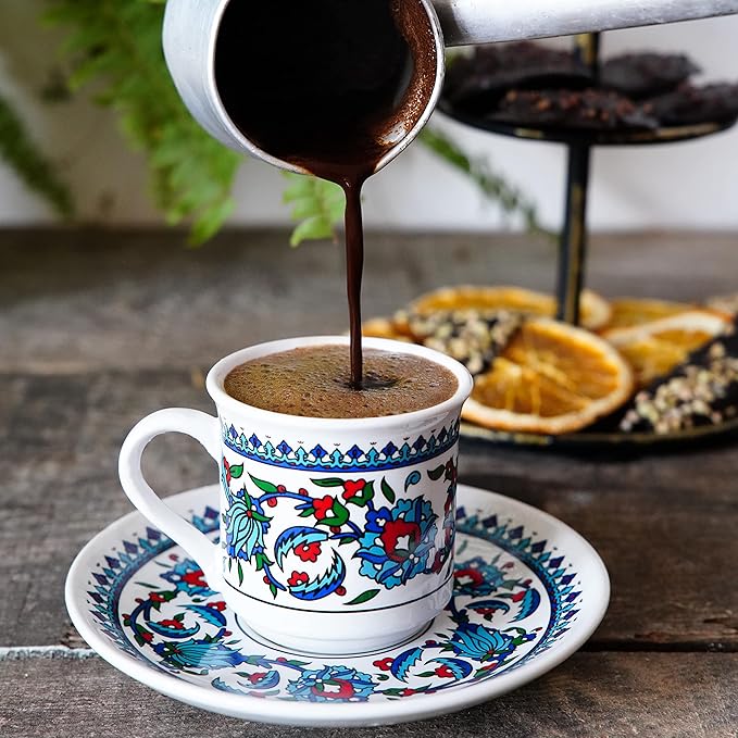 Turkish Coffee Cup Set of 6 with Saucers & Holder ??Ceramic, Dishwasher-Safe, Keeps Warm ??Patterned Turkish Espresso Cups Set for Home & Office (Set Of 6)