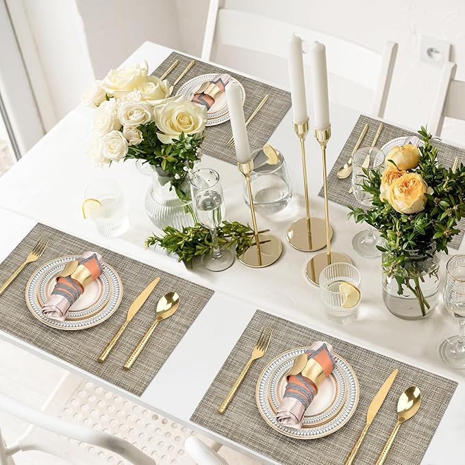 SLKQG Placemats Set of 4 - Easy Clean Washable Vinyl Placemats - Wipeable Heat Resistant Table Mats for Dining Table - 17.7x11.8 Inch (4, Gray & Gold Two-Tone)