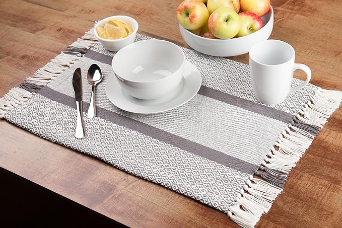 Sticky Toffee Cotton Placemats Set of 4 ??Gray Woven 14x19 in Table Mats for Kitchen or Dining Table, Boho Style, Washable Cloth Placemats