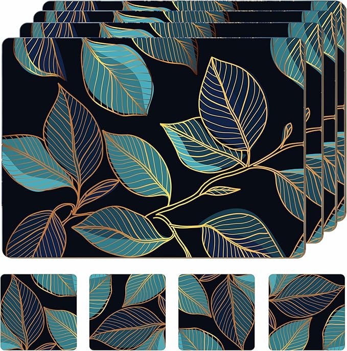 Moderry Set of 4 Heat Resistant Cork Placemats for Dining Table with Free Set of 4 Matching Drink Coasters Sage Green Marble Design 16 x 12 Inches Cork Backed Hard Placemats (Blue Gold Botanical)