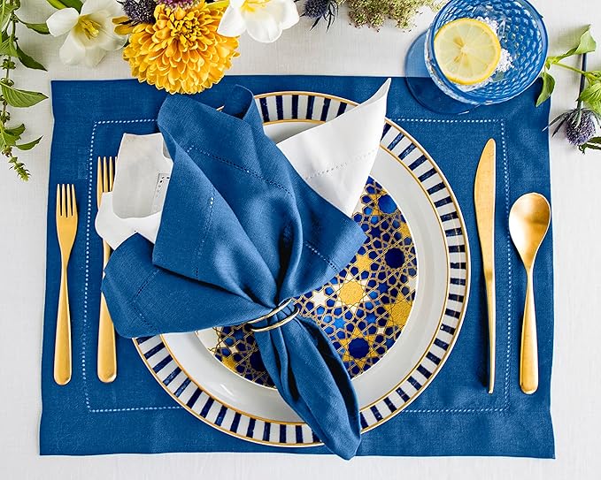 Solino Home Linen Placemats Set of 4 - Classic Hemstitch Indigo Blue Placemats 14 x 19 Inch - 100% Pure Linen Table Mats for Winter, Spring, Easter