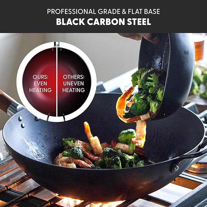 GreenPan Carbon Steel Wok 12?? Flat Bottom, Durable Stir-Fry Pan, Pre-Seasoned Nonstick Patina, High Heat Retention, Induction, Ash Wood Handle, Kyoto, Black