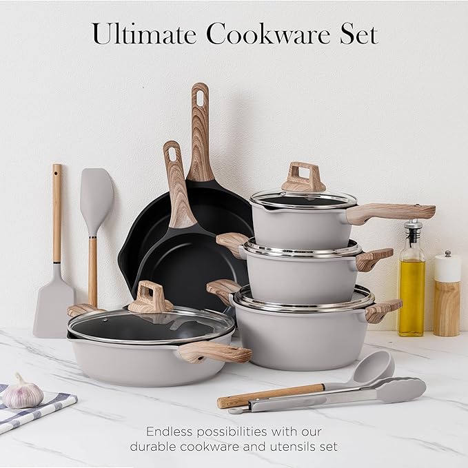 Country Kitchen Pots and Pans Set Nonstick, Cast Aluminum Kitchen Cookware Set with Utensils, 14 Pcs Non Stick Cooking Set w/Frying Pans & Saucepans, Grey