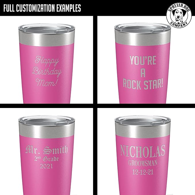 Personalized 20oz (17 Colors) Powder Coated Insulated Stainless Steel Tumbler with Lid, Custom Etched, Customized Text Message Name, Engraved Gift Idea Women Men Him Her, Your Text Here (Pink)