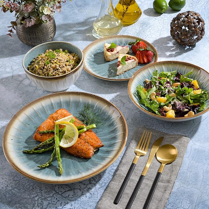 Gibson Elite Mayfair Bay 16-Piece Embossed Double Bowl Dinnerware Set, Service for 4 ??Blue Stoneware Plates and Bowls