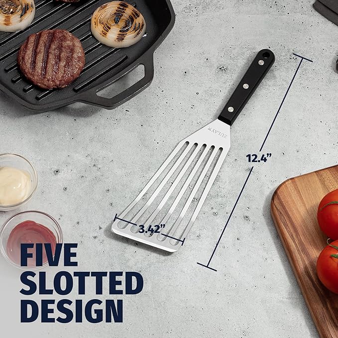 Zulay Kitchen Stainless Steel Fish Turner Spatula - 12.4??Flexible Heat-Resistant Slotted Turner for Non-Stick Cookware - Rust-Proof, Durable & Dishwasher Safe Cooking Utensil for Everyday Use